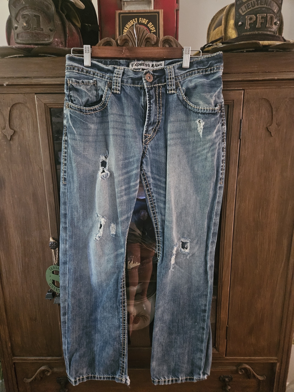 Vintage Express Distressed Bootcut Jeans Thick Stitch Medium Wash Sz 30/30